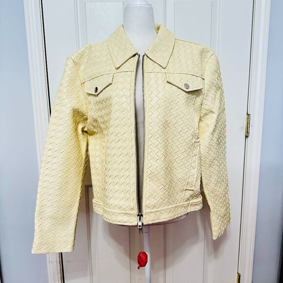 TOCCIN JUNO BUTTER YELLOW WOVEN VEGAN LEATHER MOTO BIKER JACKET SIZE 14 $695